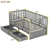 Twin Size Wood Daybed with Fence Guardrails and 2 Drawers, Used as Independent Floor Bed & Daybed, Gray - Home Elegance USA