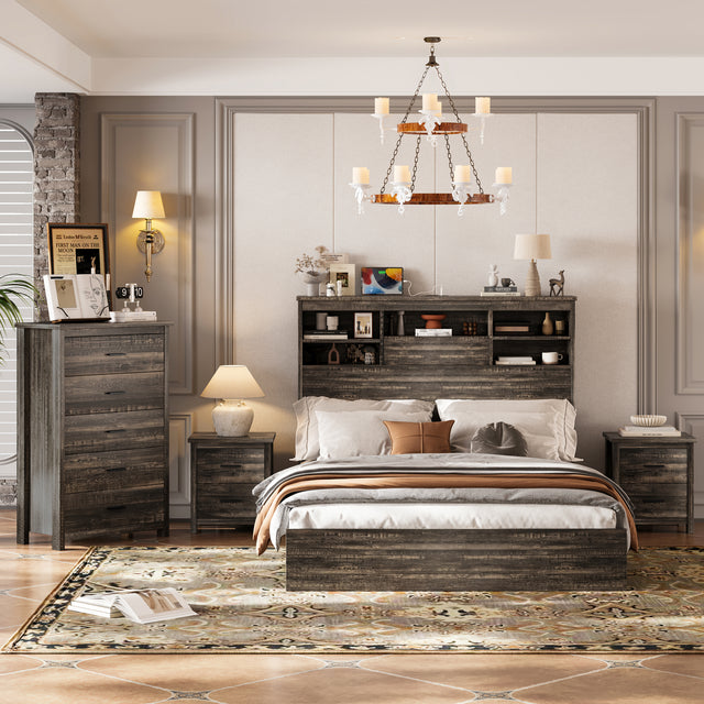 4PCS Bedroom Sets, Wooden Queen Size Bed Frame with Storage Headboard and Charging Station, 2 Nightstands with 2 Drawers, 1 Dresser with 5 Drawers, Antique Gray