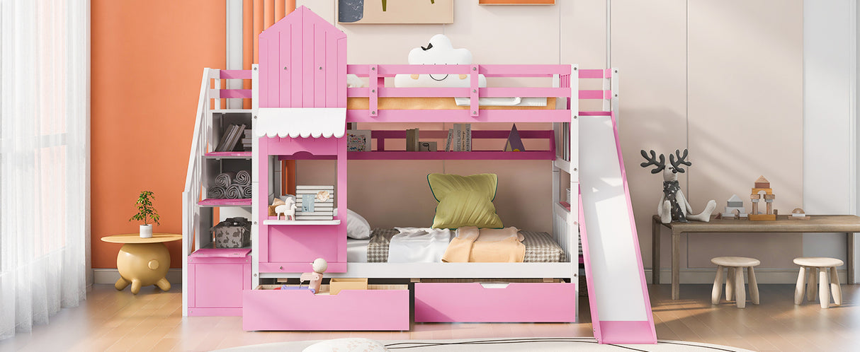 Twin-Over-Twin Castle Style Bunk Bed with 2 Drawers 3 Shelves and Slide - Pink - Home Elegance USA