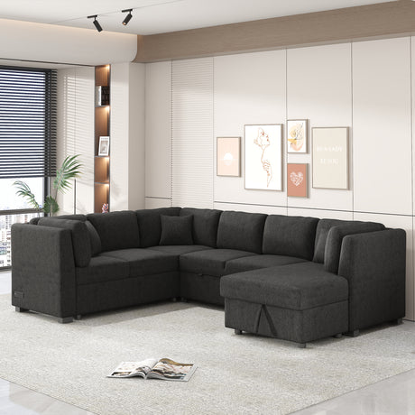U-shaped Sectional Sofa Pull Out Bed with USB Ports, Power Sockets, Back Pillows & Storage Chaise, Black Chenille, 108.6' - sold by Home Elegance USA
