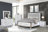 Desire Queen 5-Piece Bedroom Set – LED Upholstered Bed with Footboard Storage, Dresser, Mirror, Nightstand, and Chest in White & Marble Finish with Metallic Accents(NJ INVENTORY)