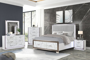 Desire Queen 5-Piece Bedroom Set – LED Upholstered Bed with Footboard Storage, Dresser, Mirror, Nightstand, and Chest in White & Marble Finish with Metallic Accents(NJ INVENTORY) - sold by Home Elegance USA