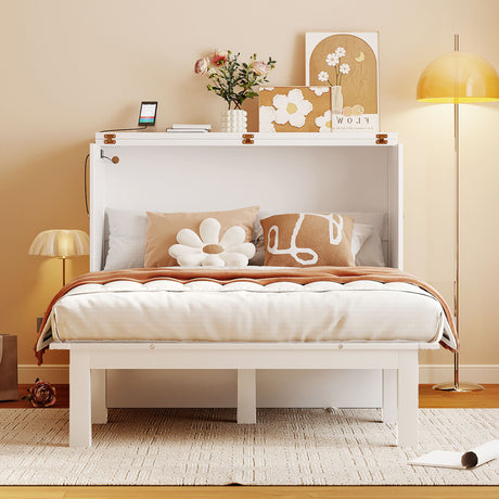 Full Size Murphy Bed with USB Port and removable Shelves on Each Side,White - Home Elegance USA