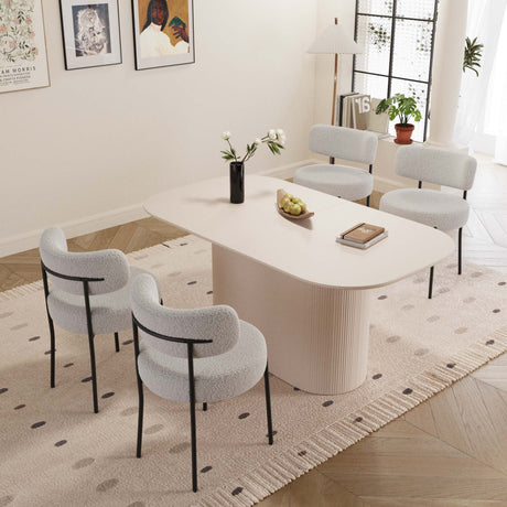 63' medieval modern cream style MDF dining table and 4 sets of circular cushioned armless dining chairs. Assemble desktop and black metal leg dining chair set, suitable for home & kitchen - sold by Home Elegance USA