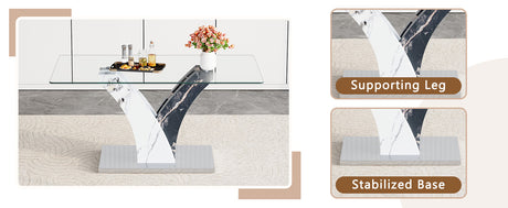 Table and chair set.Modern dining table, tempered glass countertop, and artistic MDF legs.Paried With 6 White PU dining chairs, simple and versatile, comfortable and accompanied. - sold by Home Elegance USA
