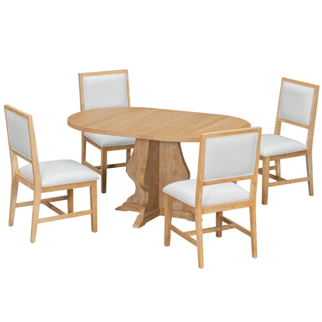 TREXM Farmhouse 5-Piece Dining Table Set with 4 Upholstered Chairs, Wood Extendable Dining Table with 15.7' Leaf for Extra Seating for Dining Room, Kitchen and Living Room (Natural Wood Wash) - sold by Home Elegance USA