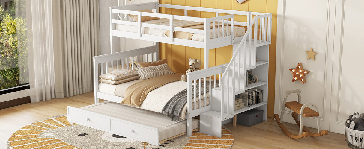 Twin-Over-Full Bunk Bed with Twin size Trundle, Storage and Guard Rail for Bedroom, Dorm, for Adults, White(OLD SKU :LT000119AAK) - Home Elegance USA