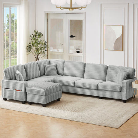 Modern U-shaped Sectional Sofa with Movable Ottoman and Side Storage Pockets, Grey Corduroy, 125.2' - sold by Home Elegance USA
