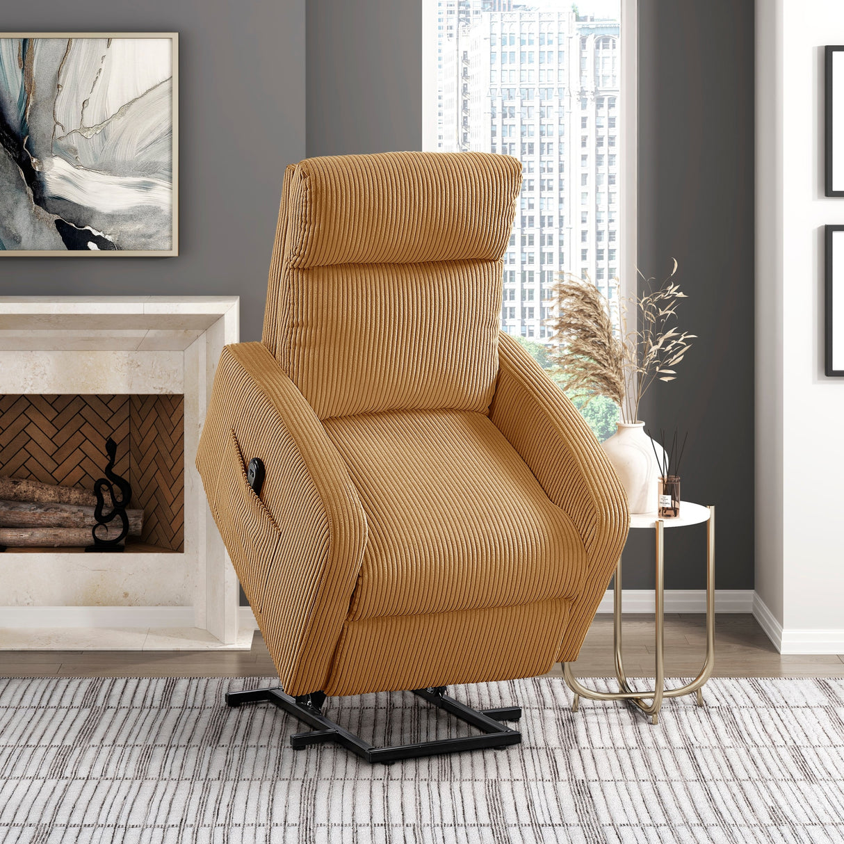Contemporary Power Lift Chair Recliner 1pc Yellow Plush Corduroy Upholstery Comfort Side Pocket Plywood Living Room Furniture
