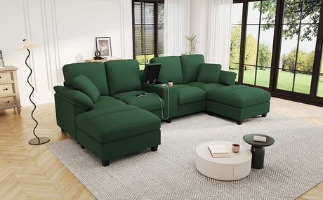 Modern Green U-shaped Sectional Sofa with Corduroy Upholstery, Hidden Storage Ottomans, USB Ports, and Cup Holders, 116.9' - sold by Home Elegance USA