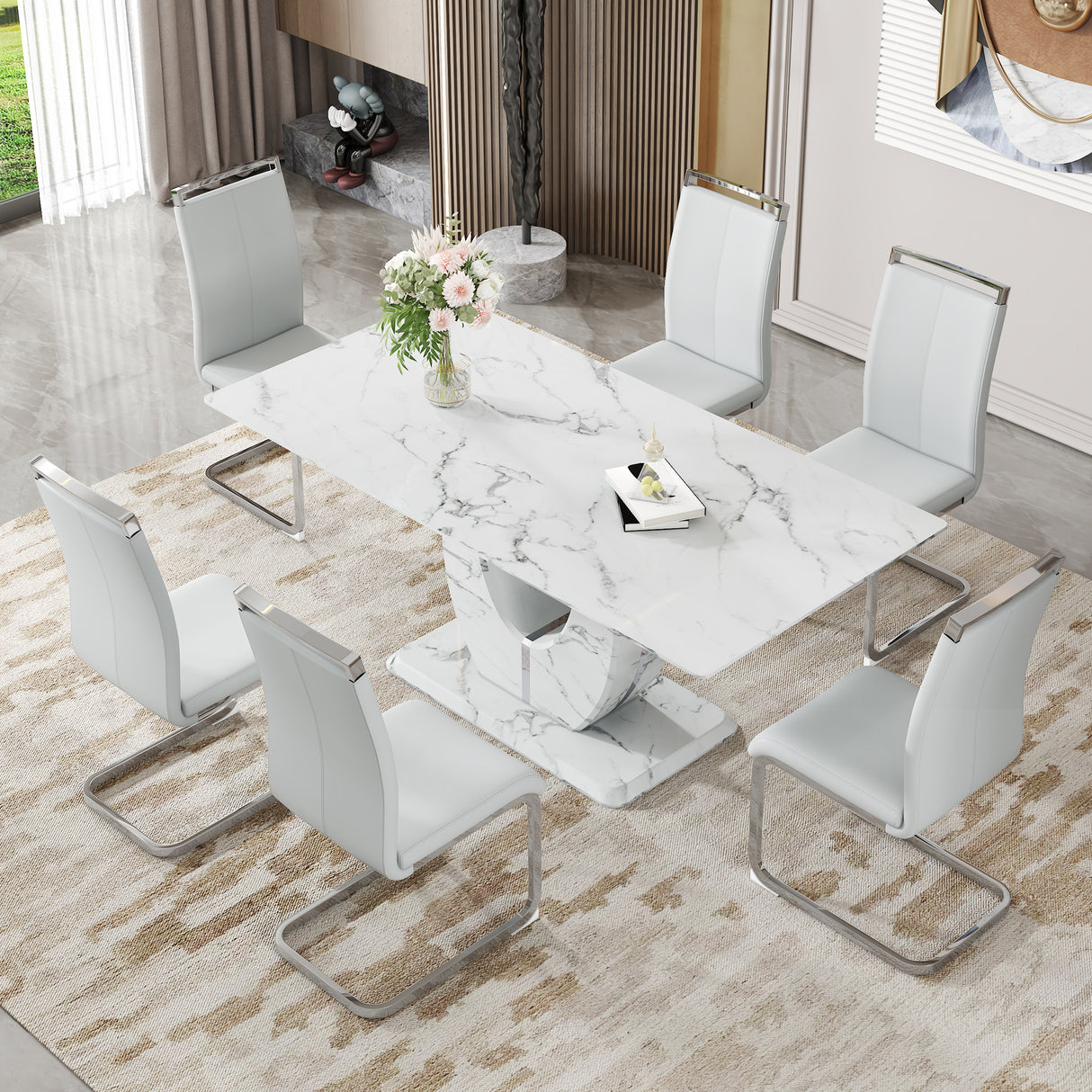Table and chair set.Modern Simple Marble Pattern Dining Set - 71'x35.4' Table with 6 Light Gray PU Chairs.White marble pattern sticker,Tempered glass tabletop,Featuring Arched Silver Metal Chair Legs.