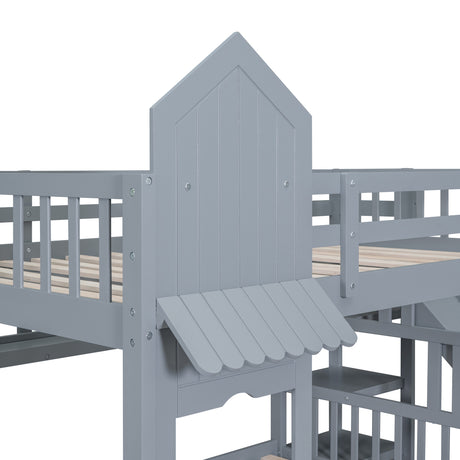 Full-Over-Full Castle Style Bunk Bed with 2 Drawers 3 Shelves and Slide - Gray(OLD SKU:LT000558AAE-2) - sold by Home Elegance USA