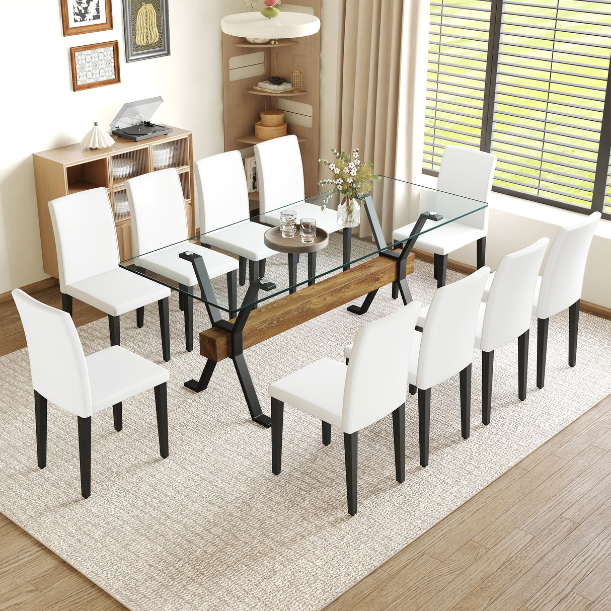 Table and chair set.79'x31.5' Inch Tempered Glass Tabletop With X-shaped Black Metal Table Legs,Wood Grain Textured MDF Crossbeam.Paired With 10 White PU Dining Chairs, Simple And Versatile.