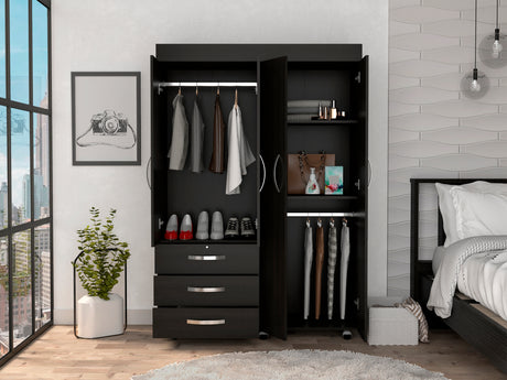 Hamilton Mobile Armoire, 4-Doors Cabinet, Three Drawers, Rods, Four Shelves, Black Wengue - Bedroom - sold by Home Elegance USA