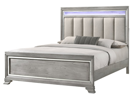 Modern King Size Panel Bed Nightstand 3pc Set Integrated Led Lighting Tufted Headboard Wood Grain Soft Gray Finish Wooden Solid Wood Furniture - sold by Home Elegance USA