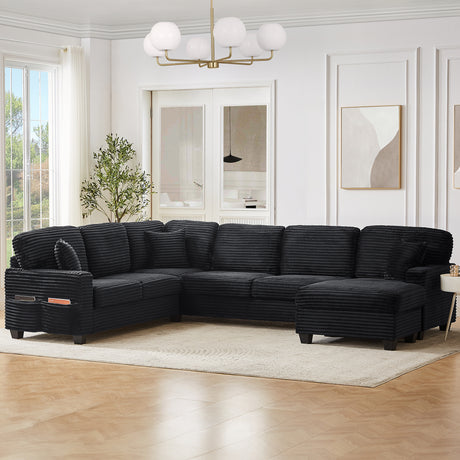 Upholstered U-shaped Sectional Sofa with Movable Ottoman and Side Storage Pockets in Black Corduroy, 125.2 inches - sold by Home Elegance USA