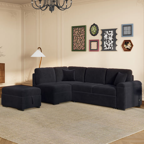 Sleeper Sectional Sofa, L-Shape Corner Couch Sofa-Bed with Storage Ottoman & Hidden Arm Storage & USB Charge  for Living Room Apartment, Black - sold by Home Elegance USA