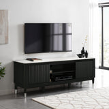 Contemporary Style TV Console Sintered Stone Top Silver Capped Arrow Legs Open Shelves Black And White Finish Primary Living Room