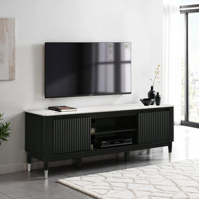 Contemporary Style TV Console Sintered Stone Top Silver Capped Arrow Legs Open Shelves Black And White Finish Primary Living Room - sold by Home Elegance USA