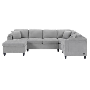 Modern U-shaped Sectional Sofa 115.7' Corner Living Room Couch with Built-in Cup Holders, Storage, USB Ports in Light Grey Chenille Fabric - sold by Home Elegance USA