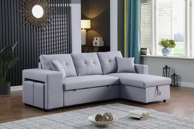 Dennis Light Gray Linen Fabric Reversible Sleeper Sectional with Storage Chaise and 2 Stools | Home Elegance USA