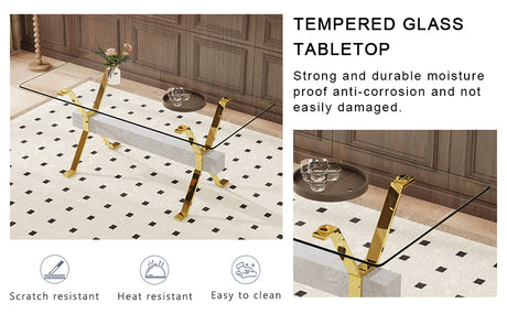 Table and chair set.Elegant Transparent Tempered Glass Dining Set - 71'x35.4' with 8 Dark Gray PU Chairs with golden C-tube metal leg. - sold by Home Elegance USA
