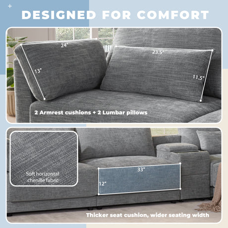 124'' L-Shaped Sectional Sofa with Multi-Functional Storage Console, Wired&Wireless Charger, Movable Ottoman, Wider&Thicker Cushion, Free Combination for Living Room&Apartment, Chenille - sold by Home Elegance USA