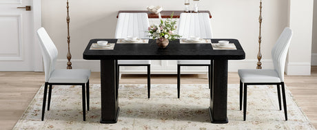Table and chair set.64.5 x 35.4 Inch Stylish Black Wood Color Textured Dining Table.Paired with 4 Black - and - White PU Dining Chairs with Shell - pattern. Exudes A Strong Sense Of Fashion. - sold by Home Elegance USA