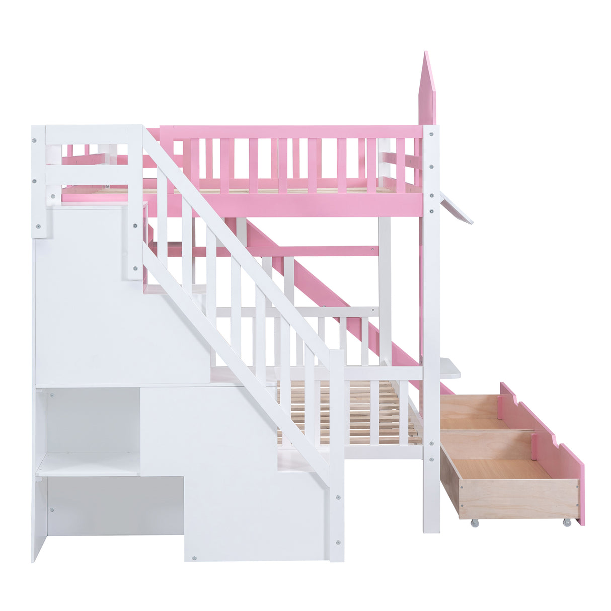 Full-Over-Full Castle Style Bunk Bed with 2 Drawers 3 Shelves and Slide - Pink - Home Elegance USA