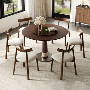 47 Inch Solid Wood Dining Table Set with 6 Chairs, Round Table with 23 Inch Tempered Glass Lazy Susan & Stainless Steel Base, Retro Kitchen Table Set for Home Restaurant Office