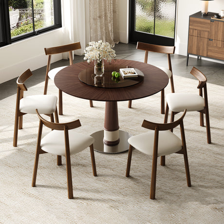 47 Inch Solid Wood Dining Table Set with 6 Chairs, Round Table with 23 Inch Tempered Glass Lazy Susan & Stainless Steel Base, Retro Kitchen Table Set for Home Restaurant Office