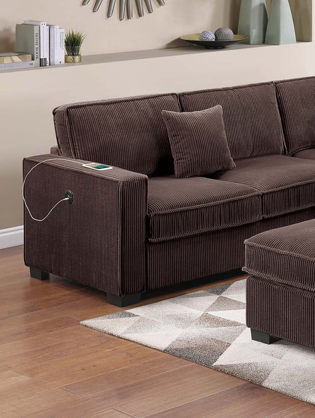 Modern Style 4pc Sectional Set Right Arm And Left Arm Loveseat USB Port Plastic Legs Cocktail Ottoman Matching Two Pillows Chocolate Finish Primary Living Room - sold by Home Elegance USA