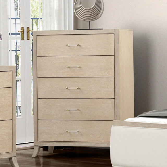 Transitional Style 1pc Chest English Dovetail Drawers Acrylic Handles Ball Bearing Glides Shelter Padded Headboard Natural Oak Finish Bedroom Furniture
