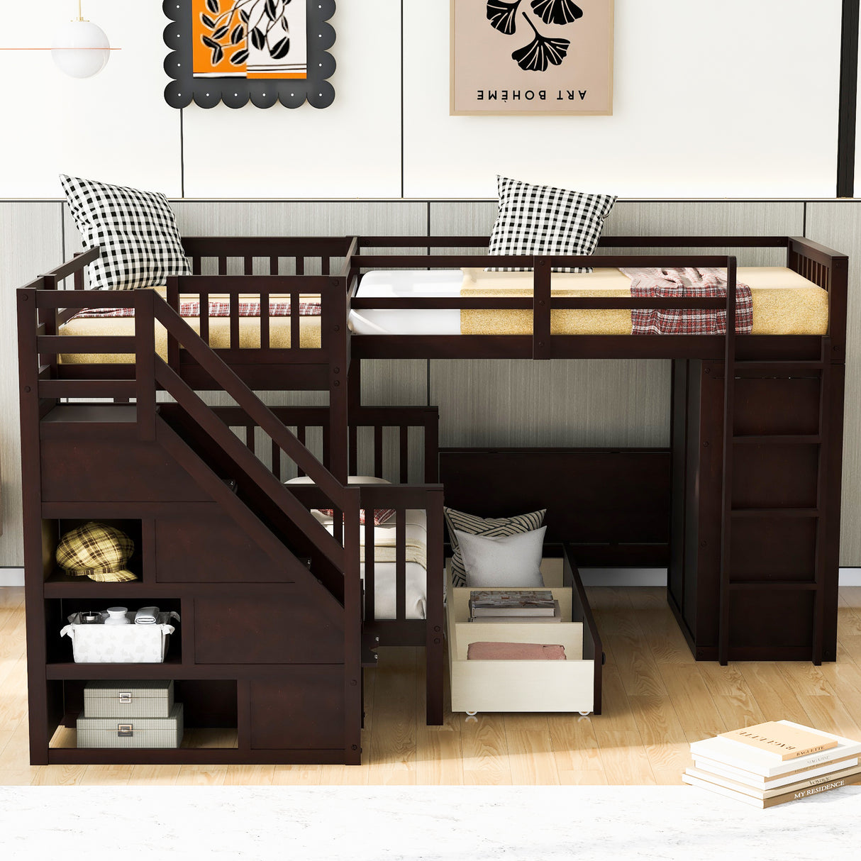 Twin-Twin over Full L-Shaped Bunk Bed With 3 Drawers, Portable Desk and Wardrobe, Espresso - Home Elegance USA