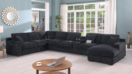 Chiara 141.5'W Dark Gray Chenille Fabric Corner Sectional Sofa with Right-Facing Chaise, Cupholders, and Charging Ports - sold by Home Elegance USA