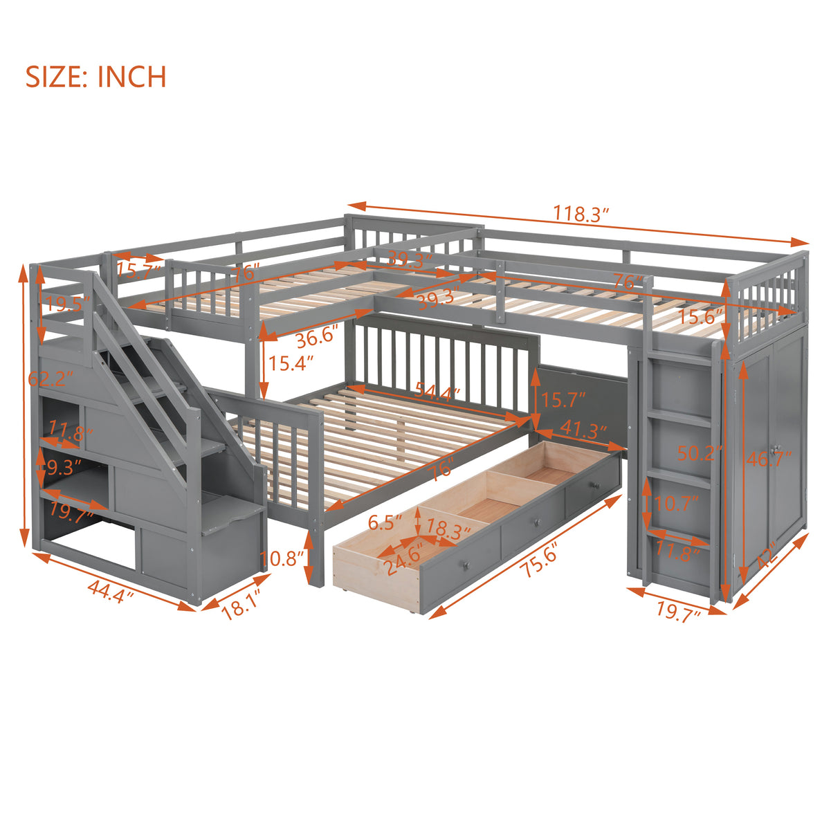 Twin-Twin over Full L-Shaped Bunk Bed With 3 Drawers, Portable Desk and Wardrobe, Gray(OLD SKU:LT100542AAE) - sold by Home Elegance USA