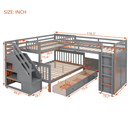 Twin-Twin over Full L-Shaped Bunk Bed With 3 Drawers, Portable Desk and Wardrobe, Gray(OLD SKU:LT100542AAE) - sold by Home Elegance USA