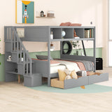 Twin over Full Bunk Bed with Shelfs, Storage Staircase and 2 Drawers, Gray - Home Elegance USA