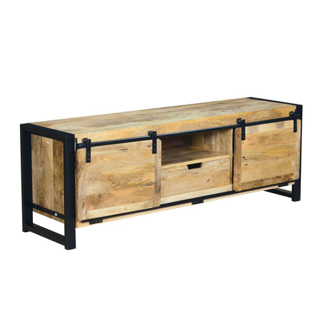 63 Inch Wooden Industrial TV Cabinet with Barn Style Sliding Doors, Brown and Black Home Elegance USA