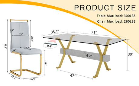 Table and chair set.Elegant Transparent Tempered Glass Dining Set - 71'x35.4' with 8 Light Gray PU Chairs with golden C-tube metal leg. - sold by Home Elegance USA