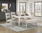 Modern Farmhouse 6pc Dining Set Table Bench 4x Side Chairs Upholstered Seat Antique White Finish Durable Wooden Furniture