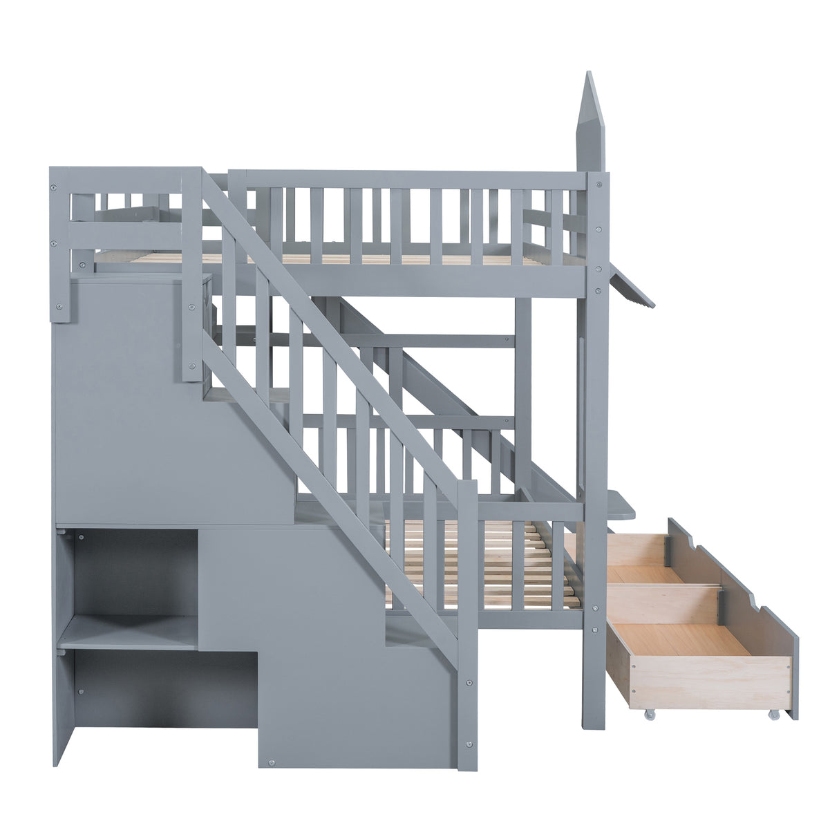 Full-Over-Full Castle Style Bunk Bed with 2 Drawers 3 Shelves and Slide - Gray - Home Elegance USA