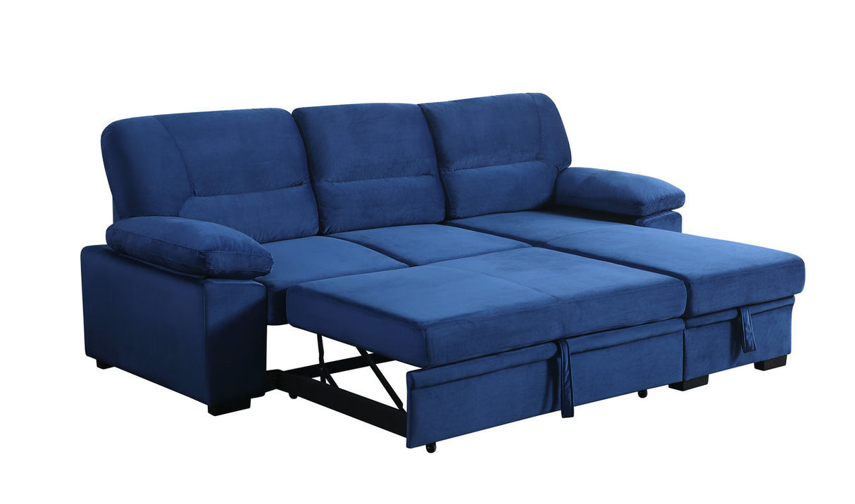 Kipling Blue Velvet Fabric Reversible Sleeper Sectional Sofa Chaise - Home Elegance USA