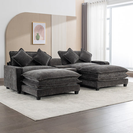 Modern Chenille Upholstered Sectional Sofa with Ottomans, USB Ports, Cup Holders, and Storage in Grey - sold by Home Elegance USA