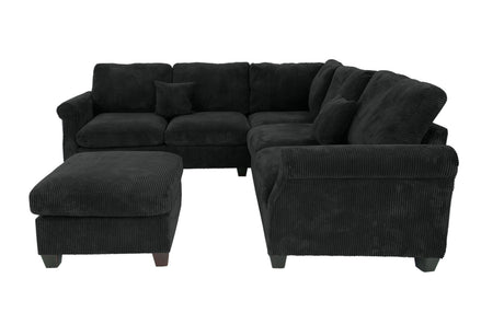 4pc Sectional Set Matching Pillow Cocktail Ottoman Corner Wedge Right And Left Arm Loveseat Corduroy Upholstered Black Finish Primary Living Room - sold by Home Elegance USA