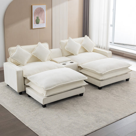 Chenille Upholstered Sectional Sofa with Removable Ottoman, USB Ports, Cup Holders, and Storage, Beige, 111' - sold by Home Elegance USA