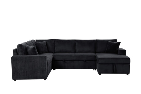 Rinaldo 123'W Black Corduroy Sleeper Sectional Sofa with Right-Facing Storage Chaise and Throw Pillows - sold by Home Elegance USA