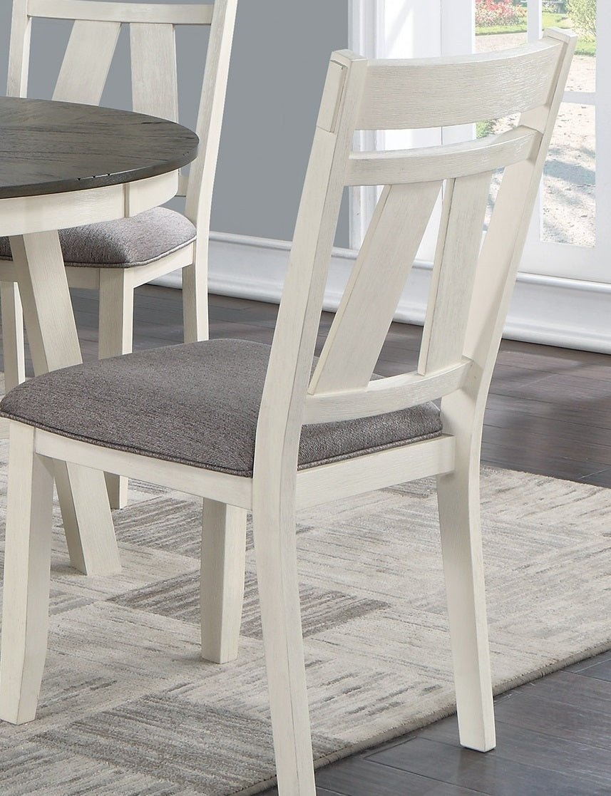 Dining Room Furniture 5pc Dining Set Round Table And 4x Side Chairs Gray Fabric Cushion Seat White Clean Lines Wooden Table Top | Home Elegance USA