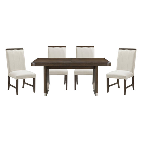 Modern Brown Finish Dining Set 5pcs Extendable Table with 4x Side Chairs Beige Upholstered Comfort Durable Metallic Accent Table Base Wooden Furniture - sold by Home Elegance USA