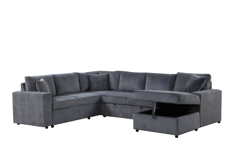 Ruxley 123'W Gray Corduroy Sleeper Sectional Sofa with Right-Facing Storage Chaise and Throw Pillows - sold by Home Elegance USA